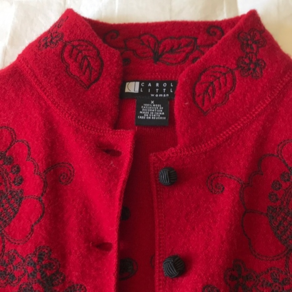 Carole Little 100% Wool Embroidered Red Cardigan